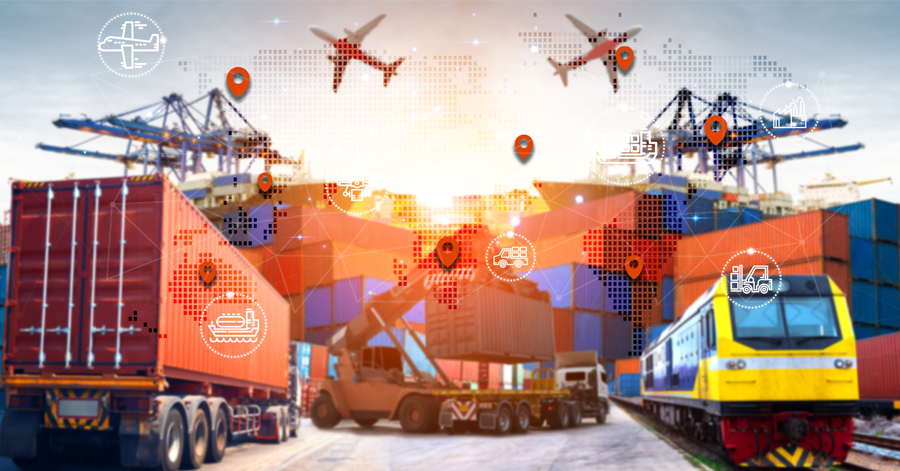 Container port with cranes, stacked shipping containers, truck, train and planes overlaid with global logistics network.