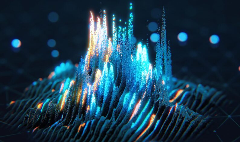 Abstract 3D landscape of glowing blue and gold data peaks rising from a digital grid with scattered light points.