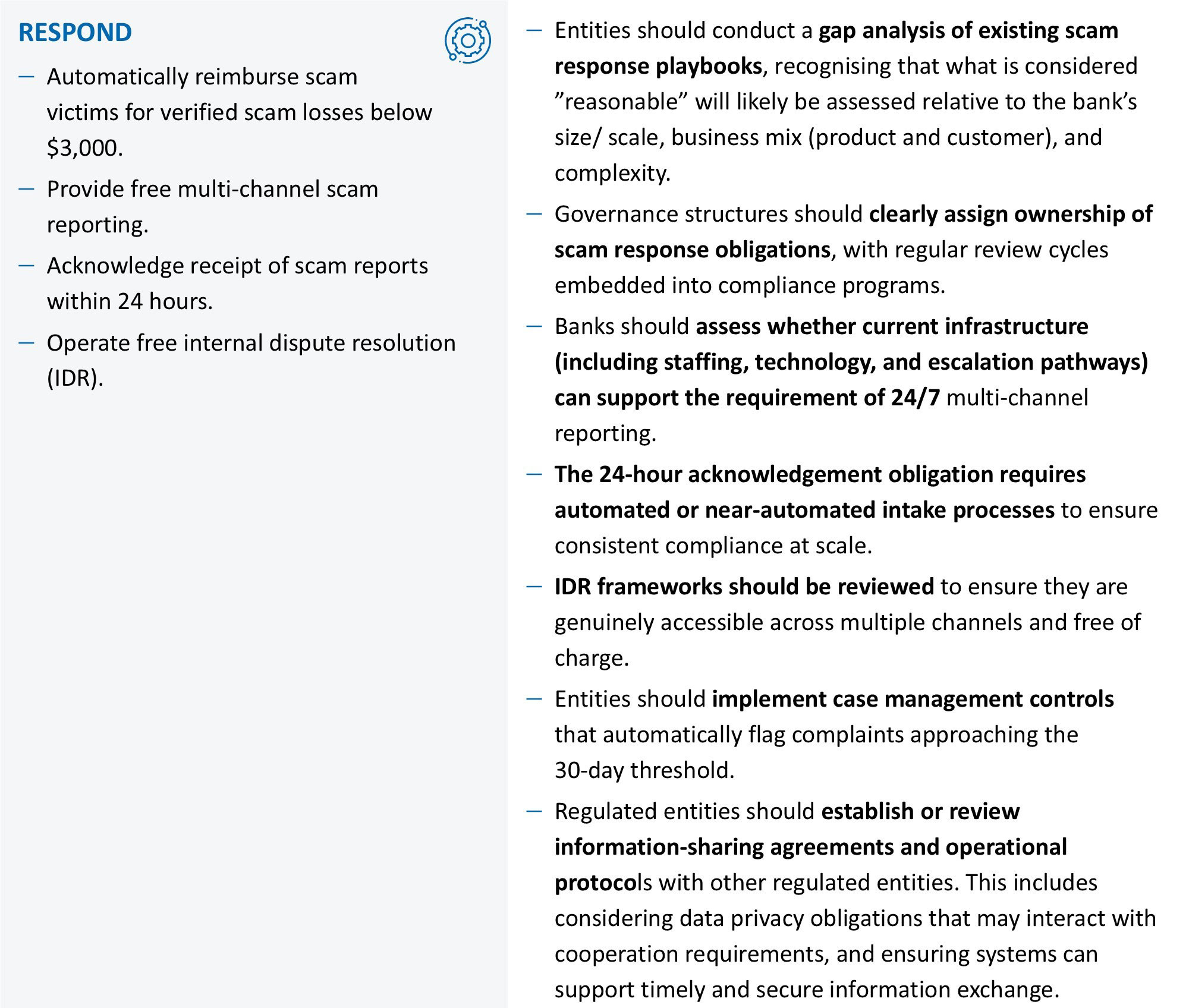 Table of scam disruption obligations, including transaction reversal, account blocking and consumer notification.