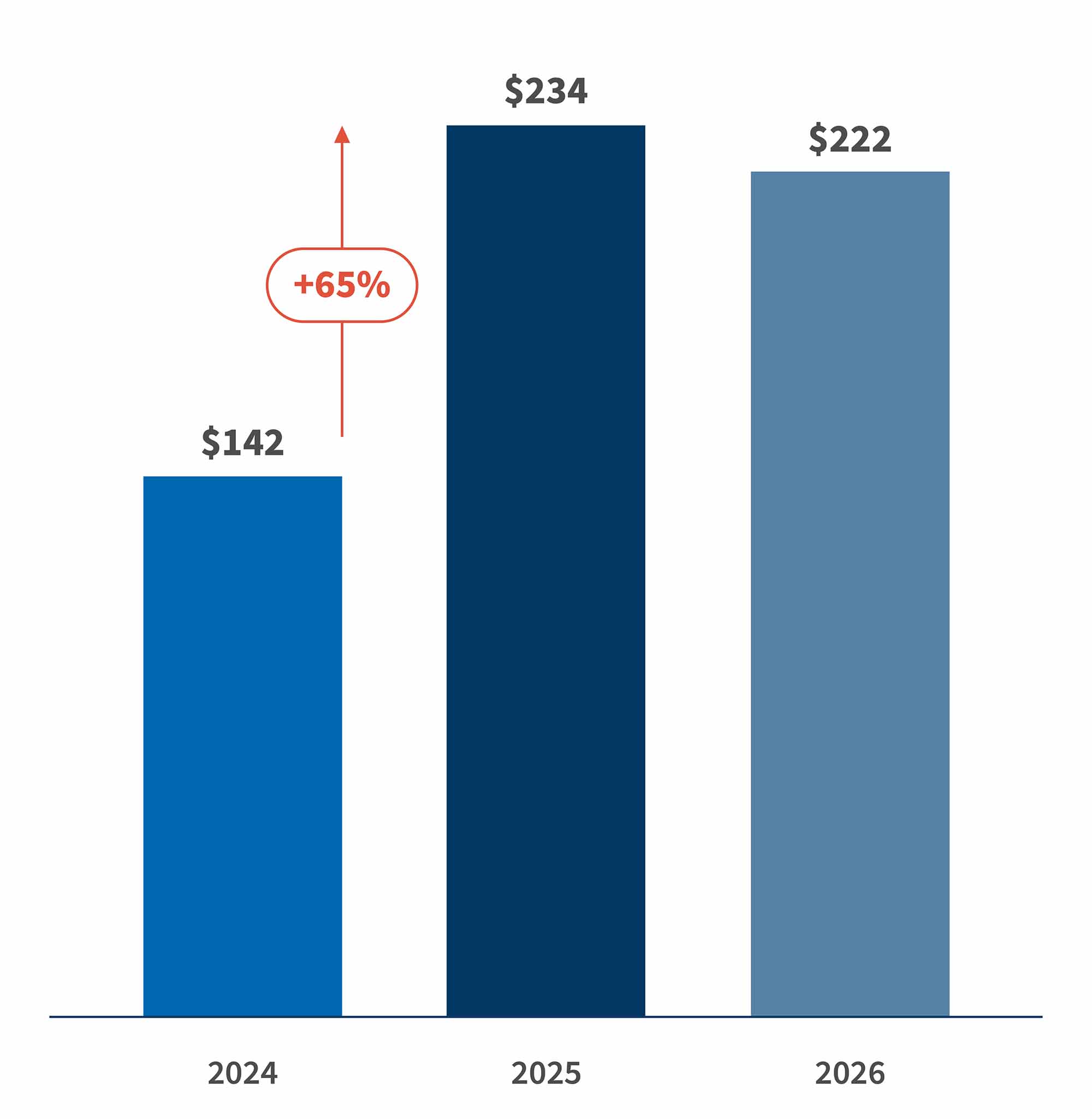 Bar chart showing growth from $142 in 2024 to $234 in 2025, then $222 in 2026.