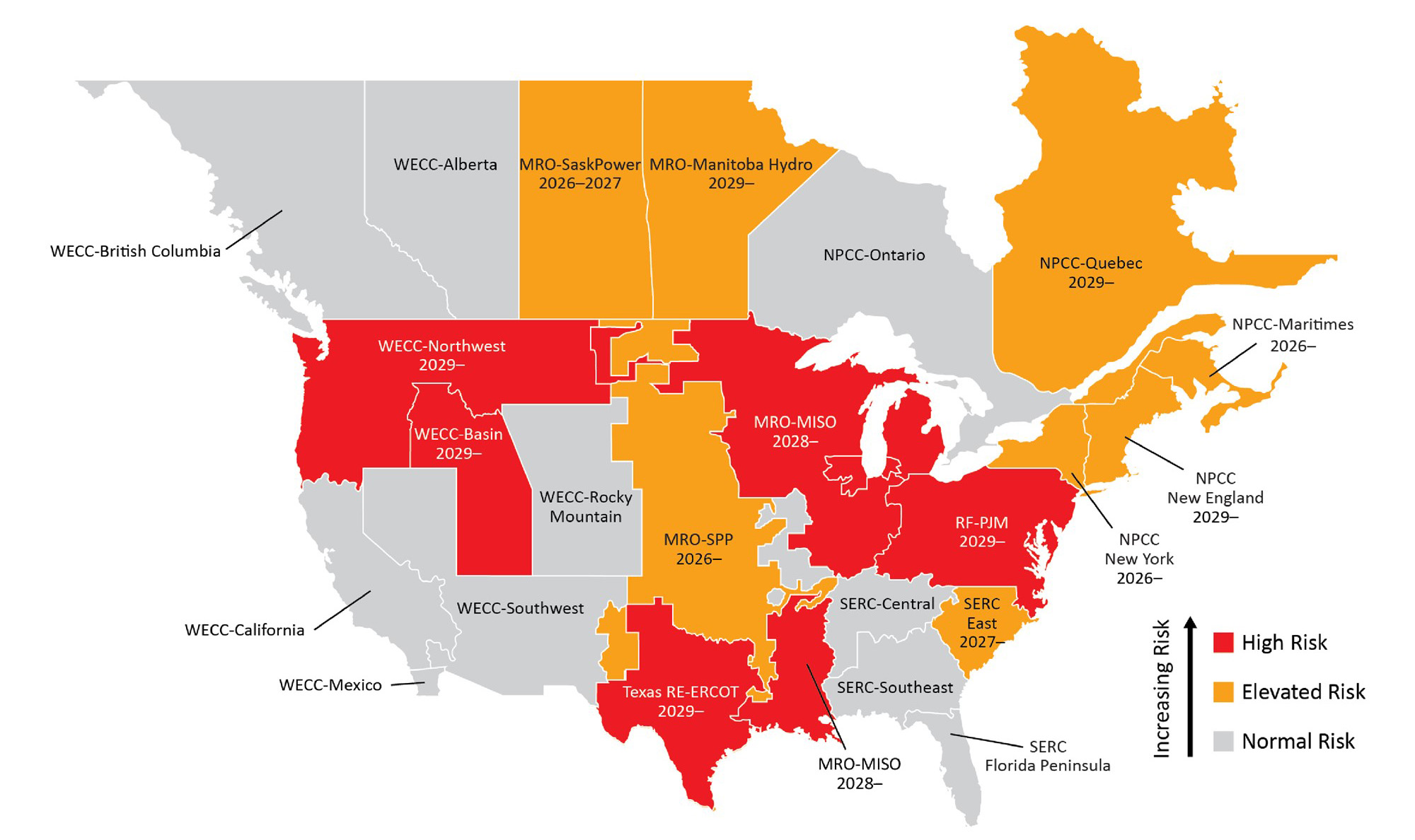 Map of North America showing regional electricity grid risk levels, from normal to elevated and high risk.