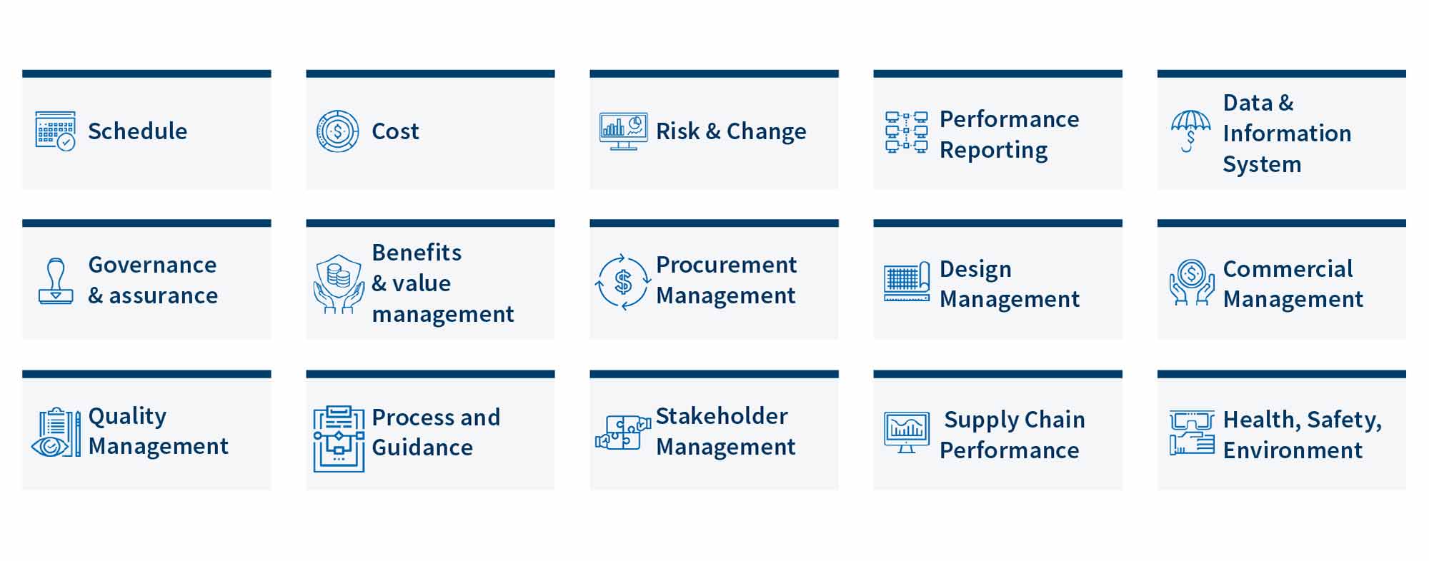 Key PMO functions such as schedule, cost, risk, and quality management.