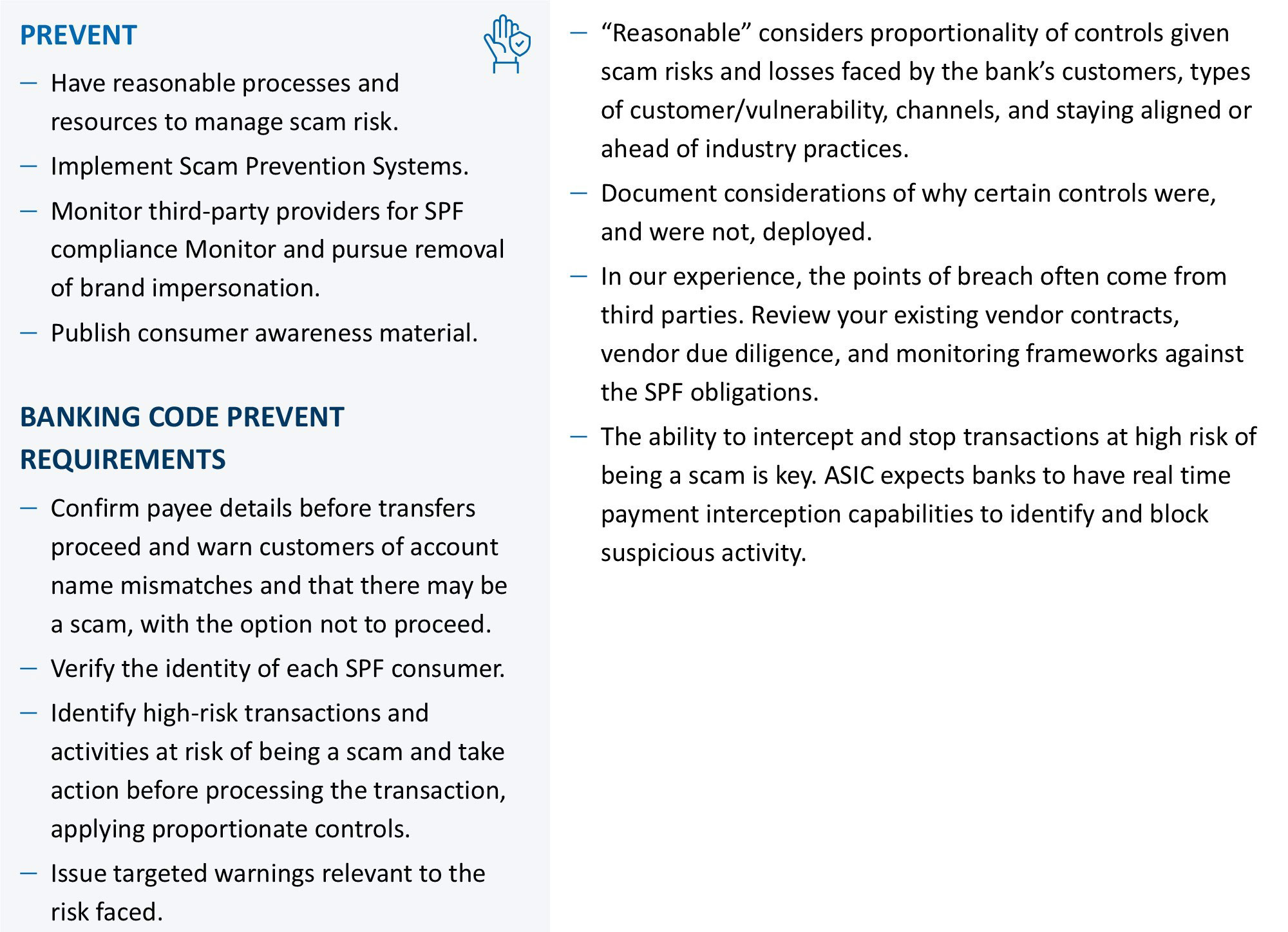 Table of SPF governance obligations, covering scam risk frameworks and annual staff training requirements.