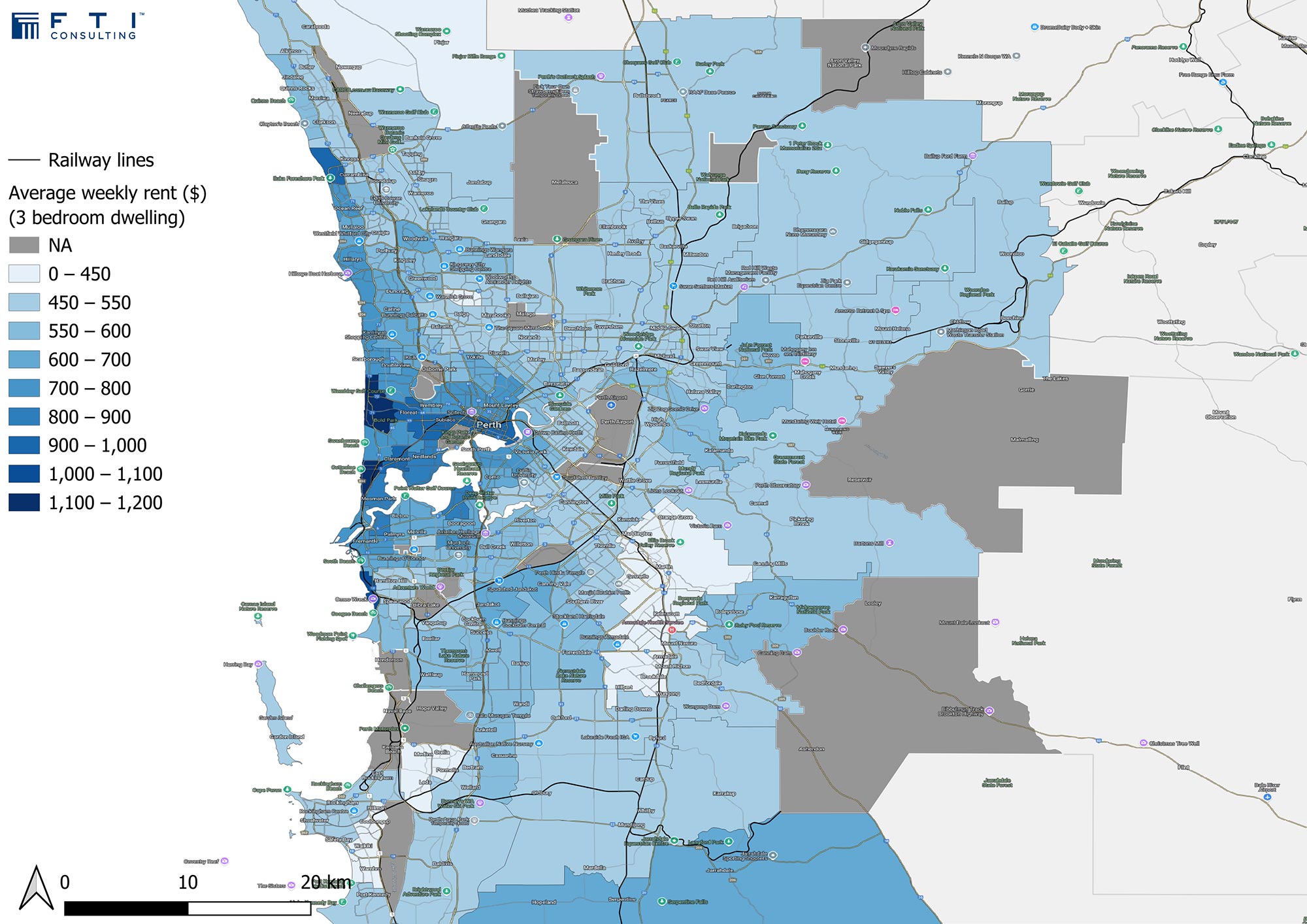 Map of Railway lines in Perth, Average Weekly rent ($) (3 bedroom dwelling)