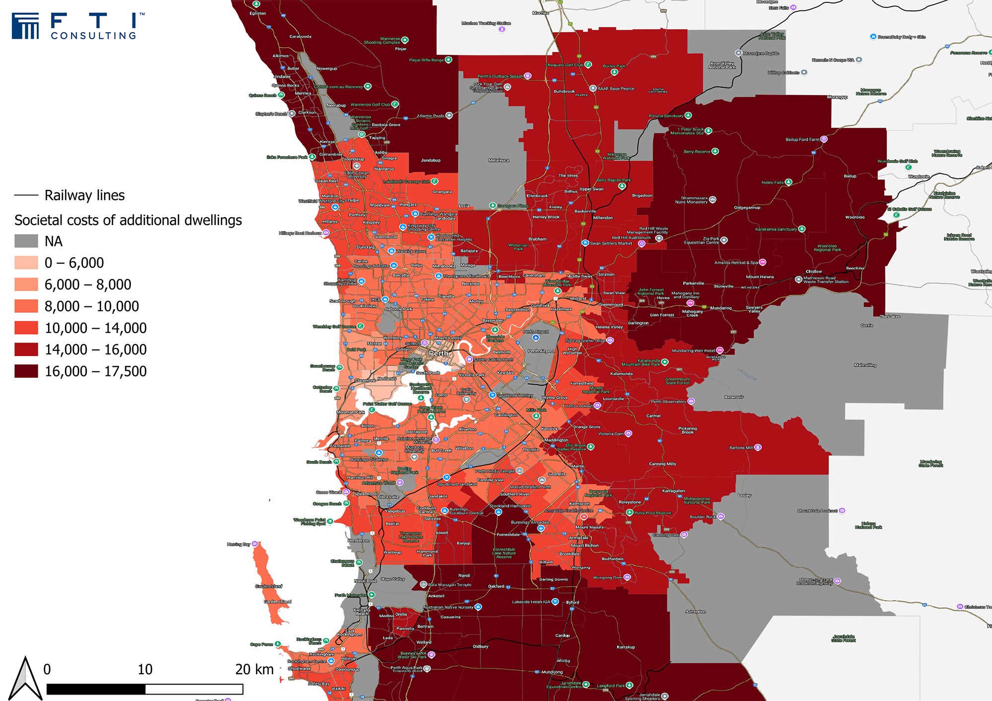 Map of railway lines in Perth, societal costs of additional dwellings