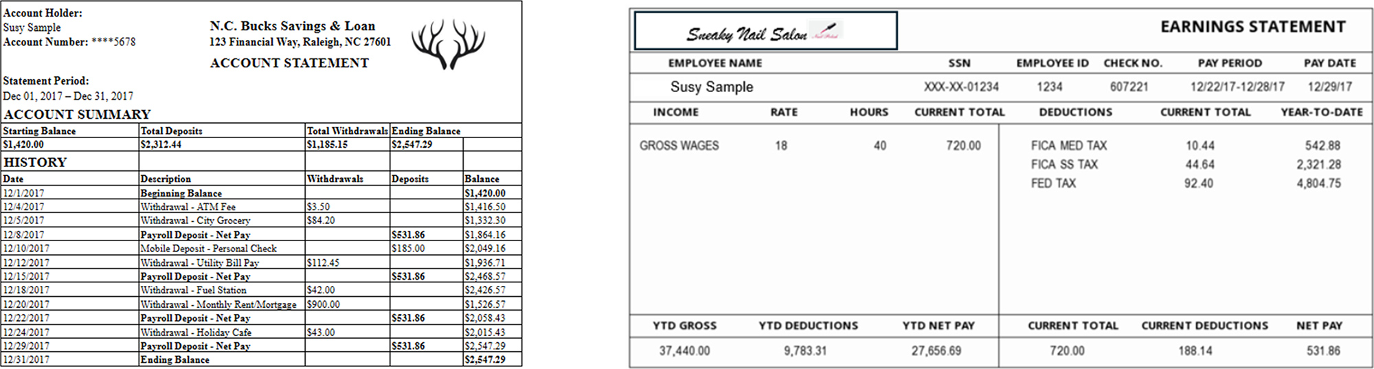 Side-by-side example of a bank account statement and an earnings statement showing mismatched income figures, illustrating document fraud.