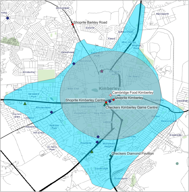 Example of 2km Radius (Inner Grey Circle) and 5-Min Drive-Time Isochrone (Outer Light Blue Polygon) Around Cambridge Food Kimberley Location