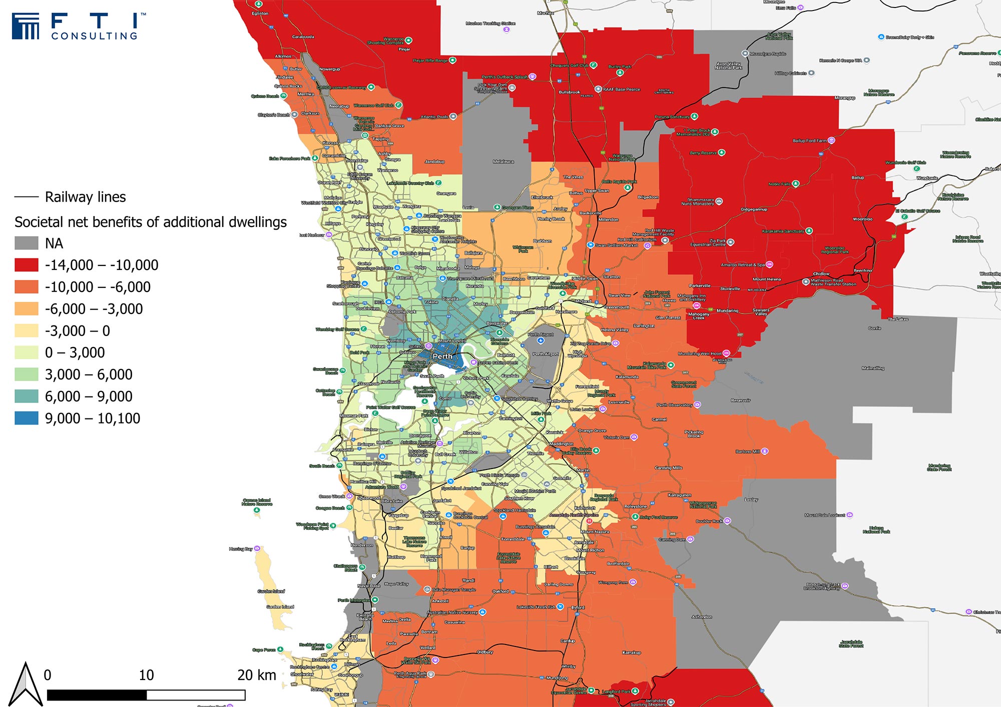 Map of Railway lines in Perth, societal net benefits of additional dwellings