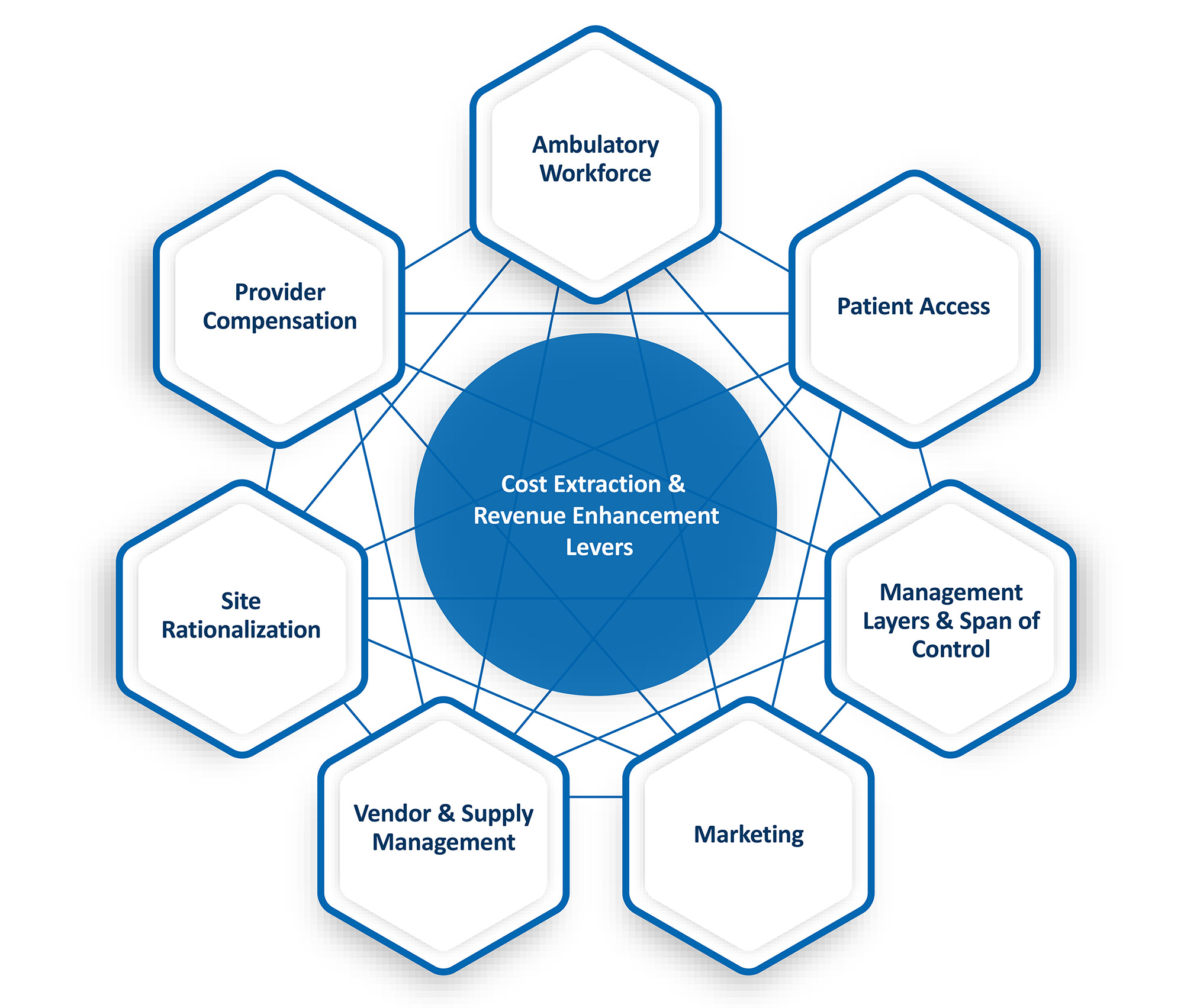 Diagram showing eight cost and revenue levers for medical groups surrounding a central circle on financial sustainability
