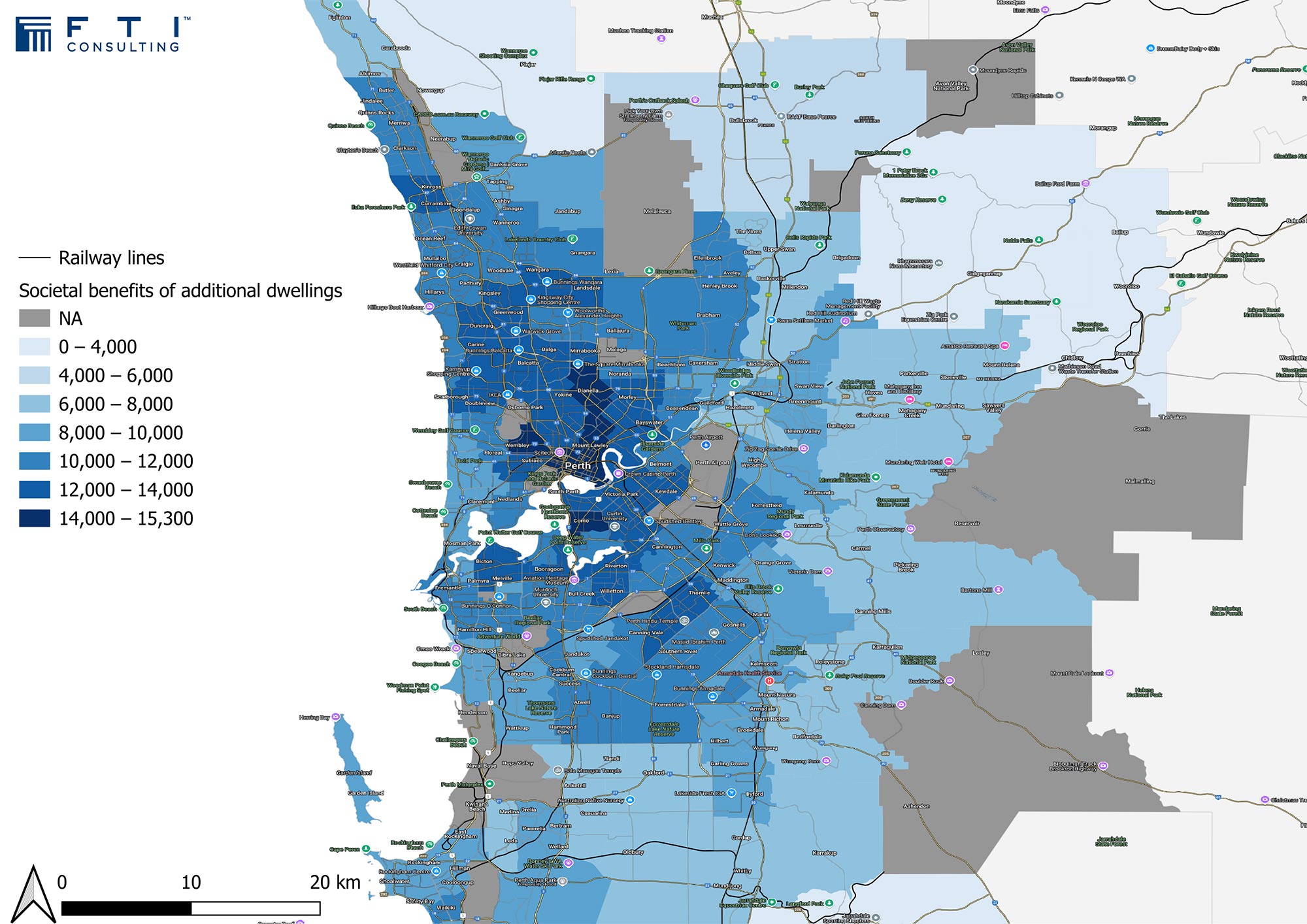 Map of railways lines in Perth, societal benefits of additional dwellings