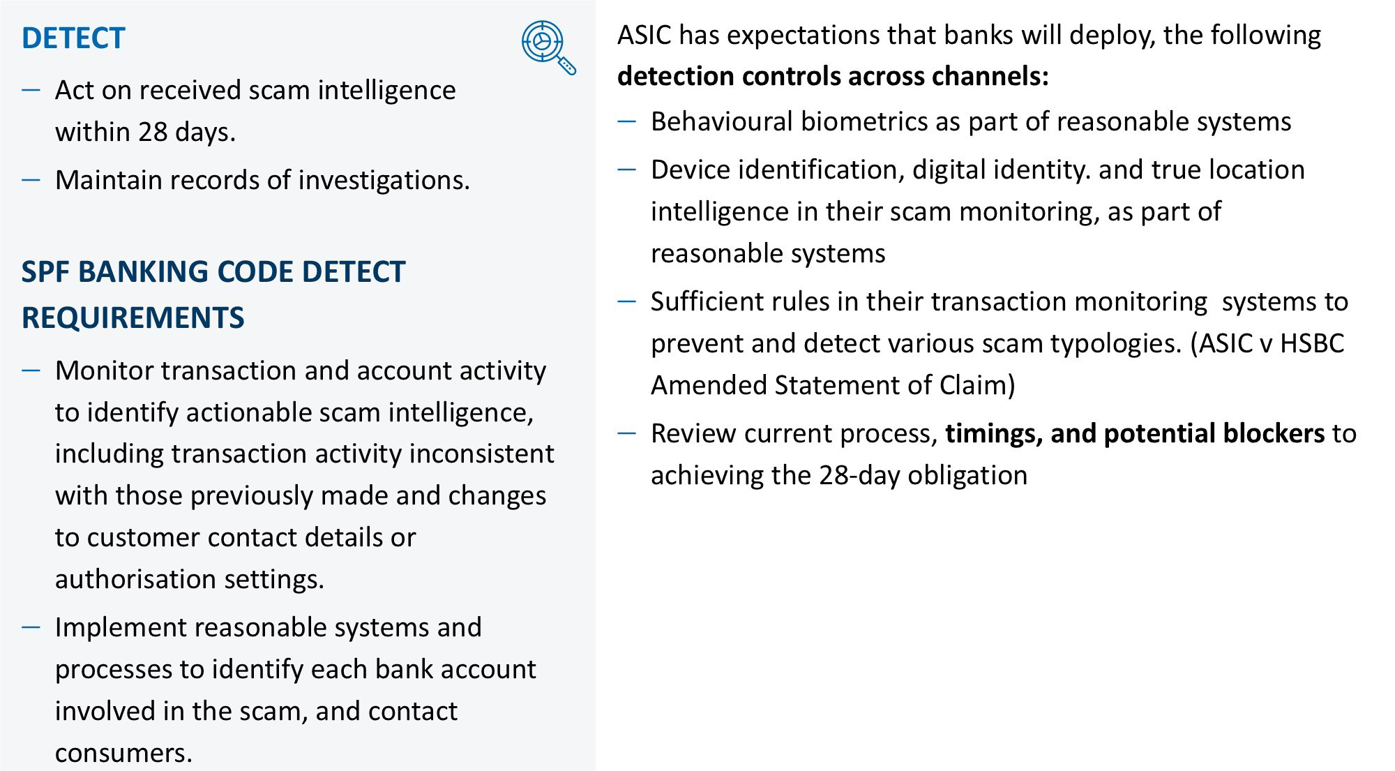 Table of scam prevention obligations, including payee verification, identity checks and high-risk transaction controls.