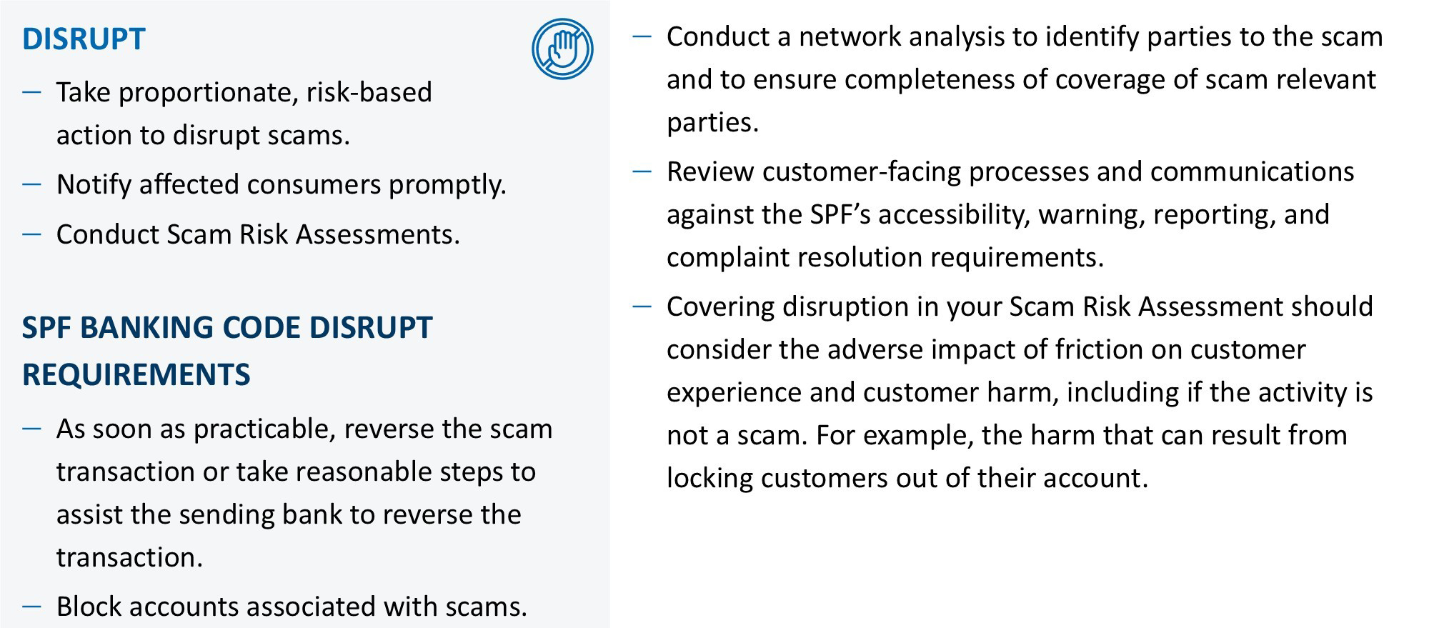 Table of scam detection obligations, including 28-day intelligence response and transaction monitoring requirements.